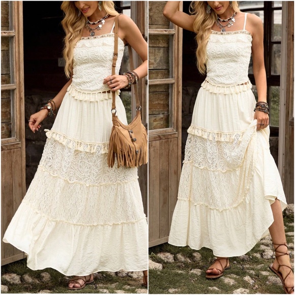 Boho Cream Lace Tassel hem Cami Top Maxi Skirt Set - Picture 2 of 3